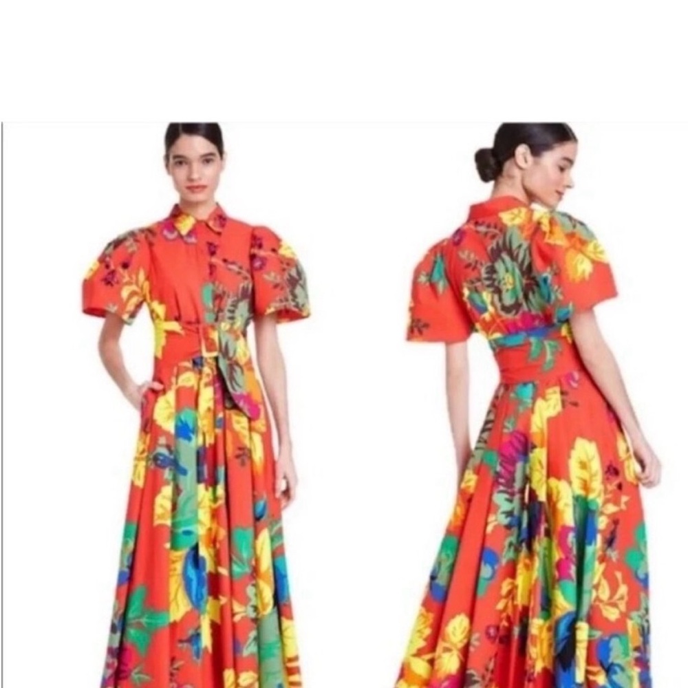 Floral Coral Maxi Shirt Dress with Belt